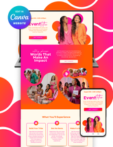 Promotional graphic for a women's event with a website, phone, and tablet on a colorful background.